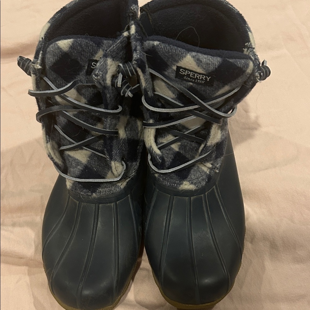 Sperry Navy and White Plaid Duck Boots